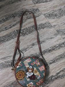 Round Boho Sling Bag with Teddy Bear Patch