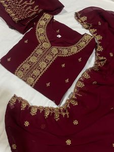 Elegant Maroon Embroidered Kurta sharara Set