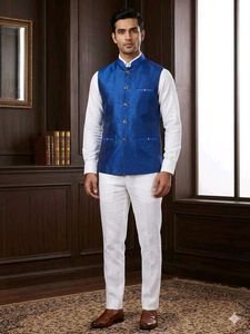 Royal Blue Nehru Jacket with White Pants