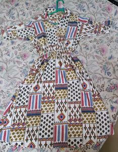 *White Printed Cotton Collar Long Dress For Women*