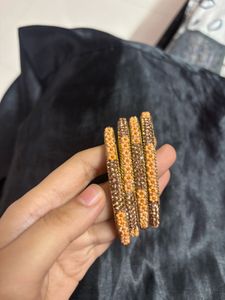 Peach Floral &amp; Crystal Studded Bangle Set