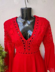 Red Lace Bell Sleeve Mini Dress