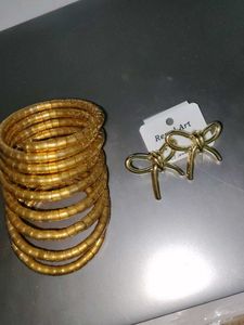 Gold Tone Coil Bangles & Bow Earrings Set