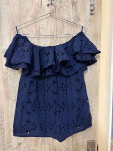 Navy Blue Off-Shoulder Eyelet Top