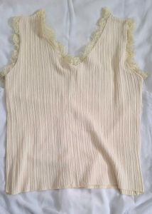 Cream Lace Trim Ribbed Tank Top