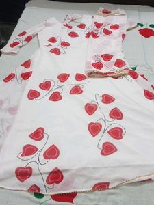 White Kurta Set with Red Hearts