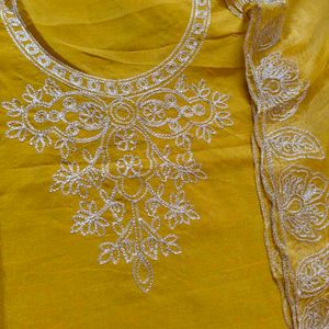 Mustard Yellow Silver Zari Neck Embroidered Party