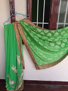 Vibrant Green Saree with Gold Border
