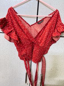Red Polka Dot Ruffle Wrap Top