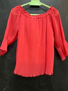 Red Off-Shoulder Pleated Button-Up Top