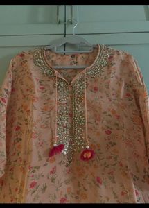 Floral Print Kurta with Embellished Neckline