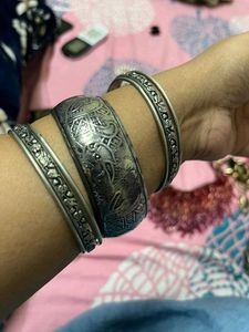 Silver Etched Bangle Set Combo Of 3