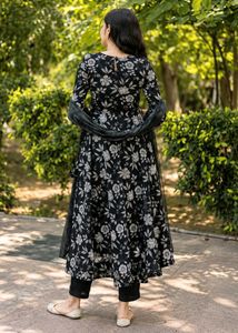 BLACK COTTON FLORAL Anarkali SET