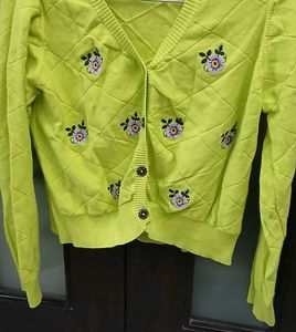 Cute Embroidered Lime Green Cardigan - XL Size