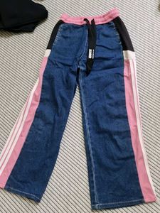 Stylish Blue Denim Pants with Pink Stripes