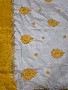 Elegant White Saree with Yellow Embroidery