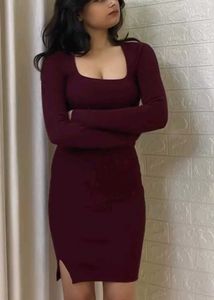 New Maroon Ribbed Bodycon Dress