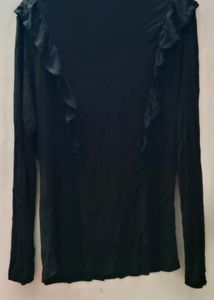 Chic Black Ruffle Long Sleeve Mesh Top