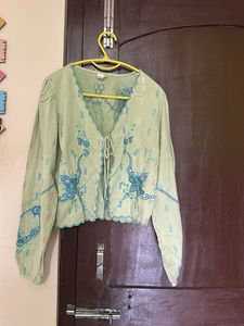 Boho Embroidered Tie-Front Blouse