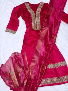 Vibrant Pink mirror work festive Kurta Set