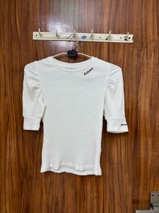 White Ribbed Puff Sleeve Top