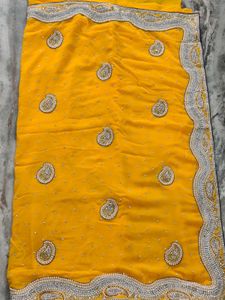 Elegant Yellow 🤩Embroidered pearl Saree💥