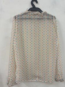 Sheer Heart Print Ruffle Neck Blouse
