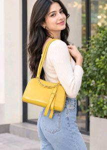 Mustard Yellow Shoulder Bag with Gold Chain
