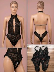 Black Floral Lace Halter Teddy Bodysuit