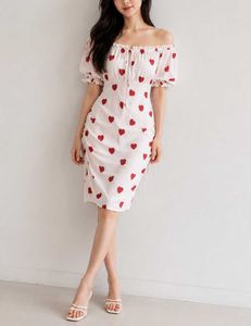 White Heart Print Ruched Midi Dress.