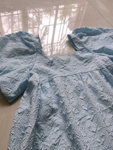 Light Blue Textured Puff Sleeve Dress