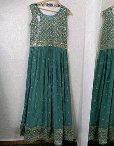 Beautiful Teal Embroidered Gown with Dupatta