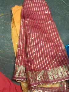 Elegant Red blouse material with Gold Stripes