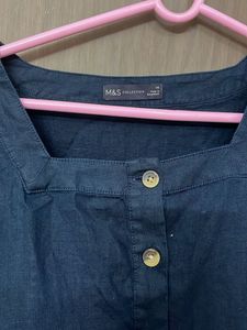 Dark Blue Square Neck Button-Up Top