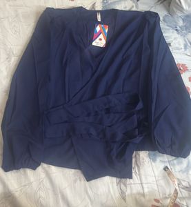 Navy Blue Wrap Top with Balloon Sleeves