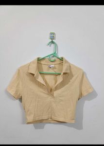 Beige Cropped Polo Top