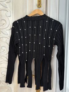 Black Ribbed Pearl Embellished Top