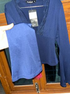 stylecast Stylish Blue Satin Lace Trim Top