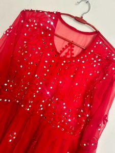 Red Mirror Work Chikankari Kurta