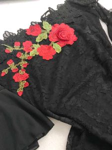 Black Lace croptop with Red Rose Applique