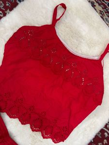 Chic Red Eyelet Crop Top &amp; Shorts Set