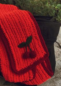 Charming Red Crocheted Scarf with Cherry Detail