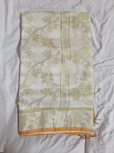 Elegant White & Gold Floral Dhaka Saree