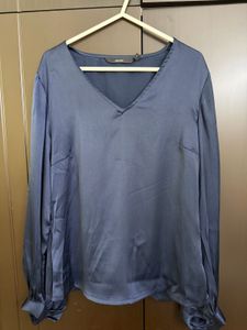 Elegant Blue Satin V-Neck Top