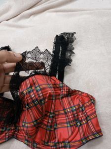 Red Plaid Lace Trim Bra