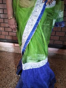 Blue N Green Combination Saree With Silver Bolouse