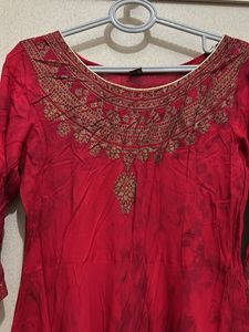Red Embroidered Kurta With Dupatta