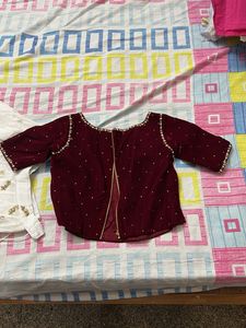 Maroon Velvet Blouse with White Skirt Set