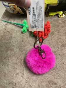 Fuzzy Pink Pom  Keychai