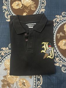 Men's Black Polo Shirt with Striped Sleeves